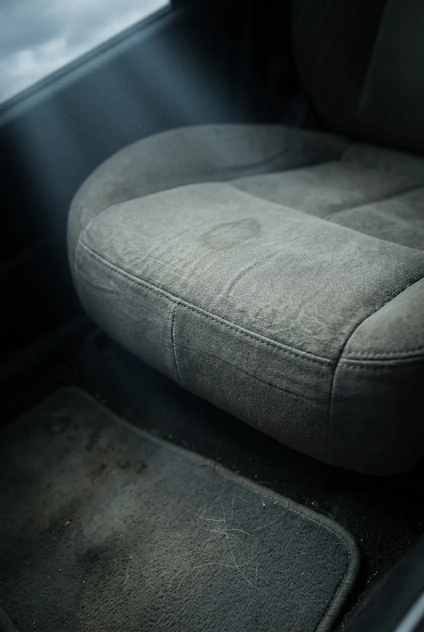 Intérieur de voiture sale avant intervention Umbra Auto Lyon